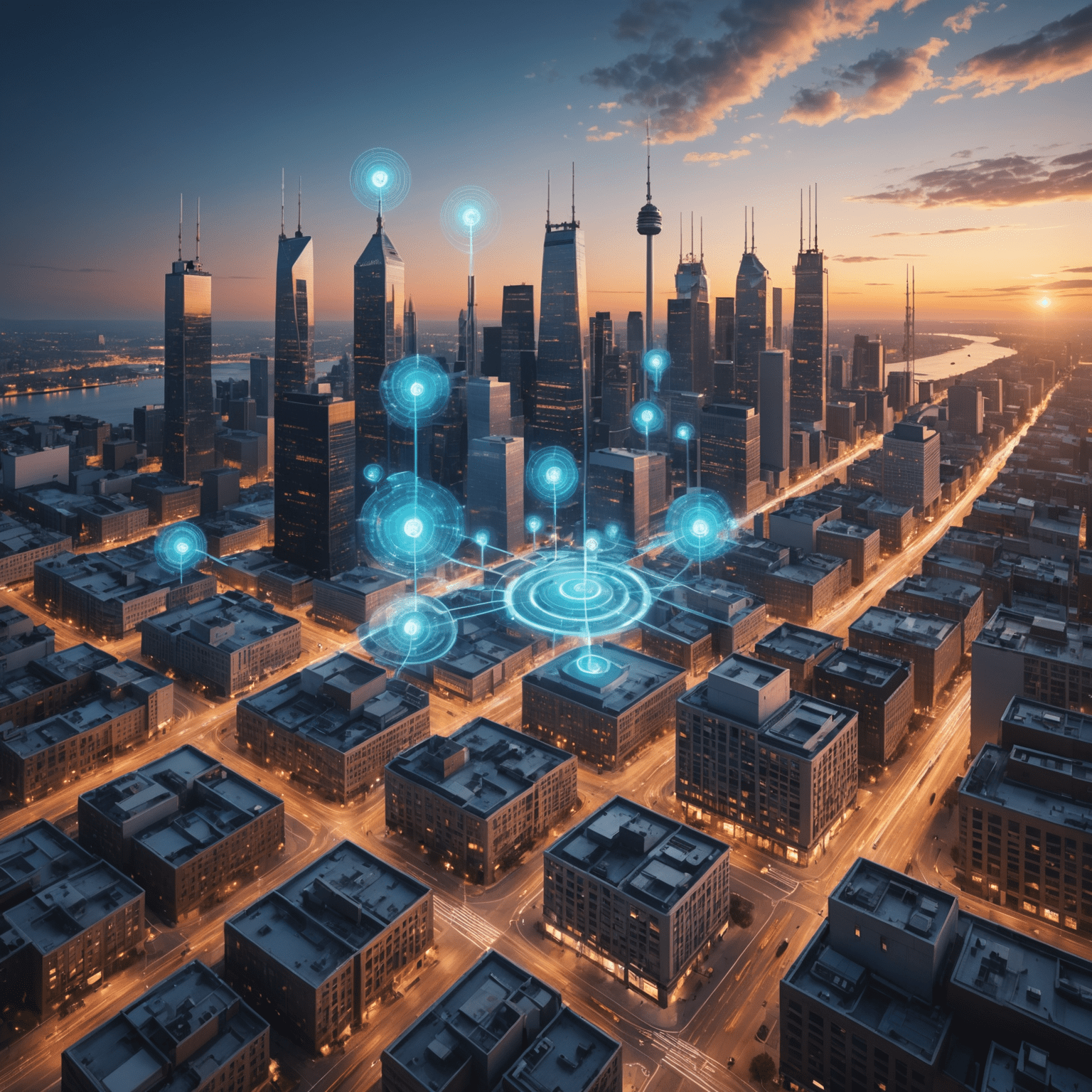 A visual representation of a 5G network infrastructure, showcasing cell towers, small cells, and connected devices across a cityscape. The image conveys the idea of widespread, high-speed connectivity.