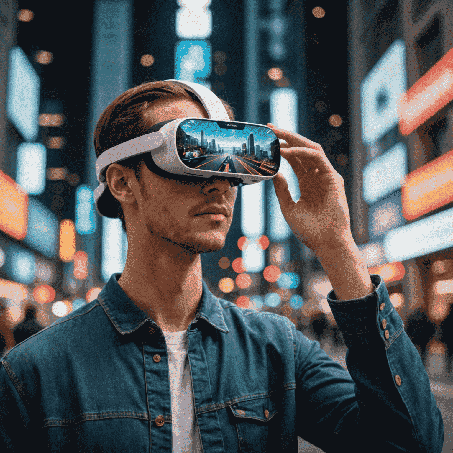 A person using an augmented reality headset, with virtual objects overlaid on the real world environment around them