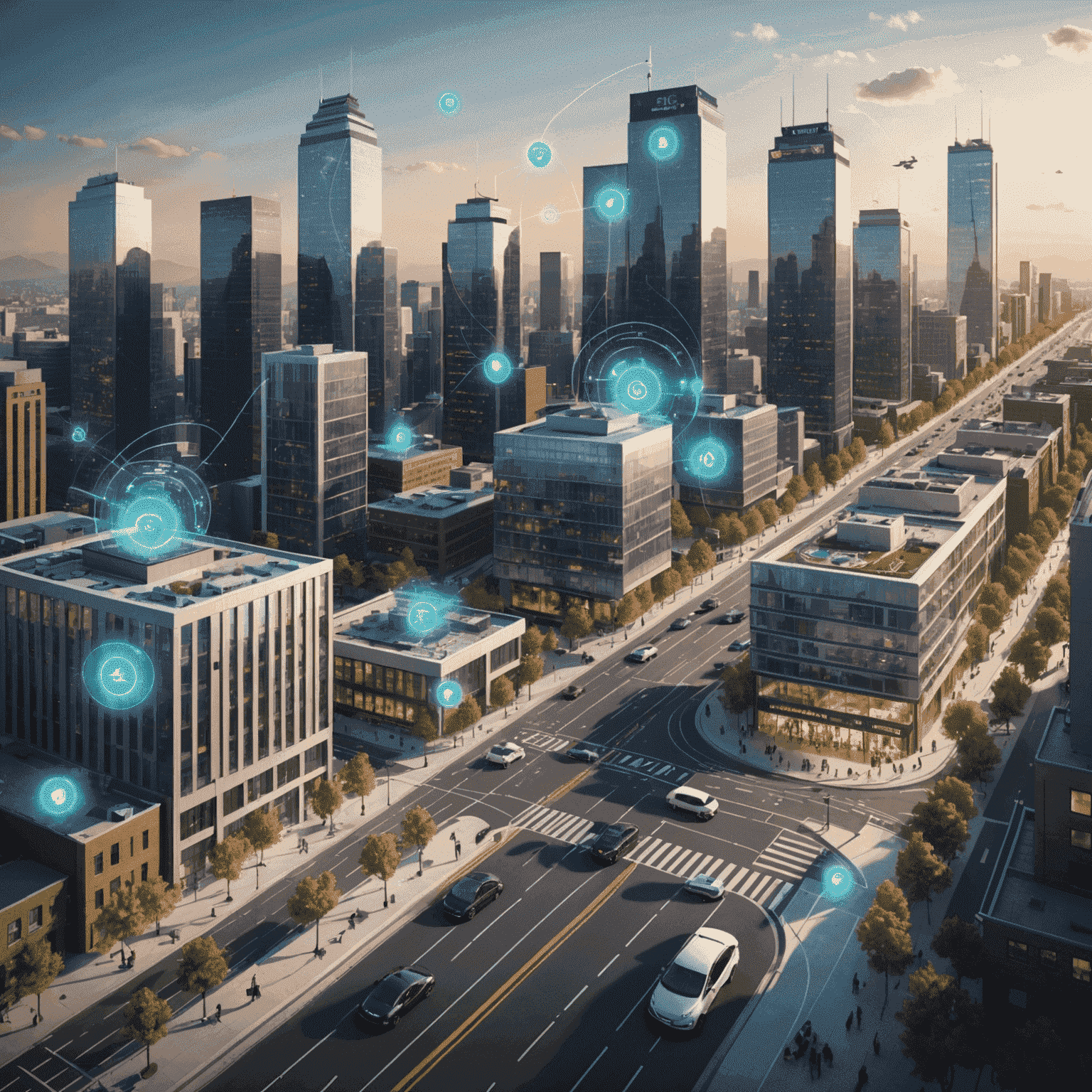 An illustration of a smart city powered by 5G technology, featuring connected vehicles, smart buildings, and IoT devices seamlessly communicating with each other. The image highlights the potential of 5G in enabling efficient, data-driven urban environments.